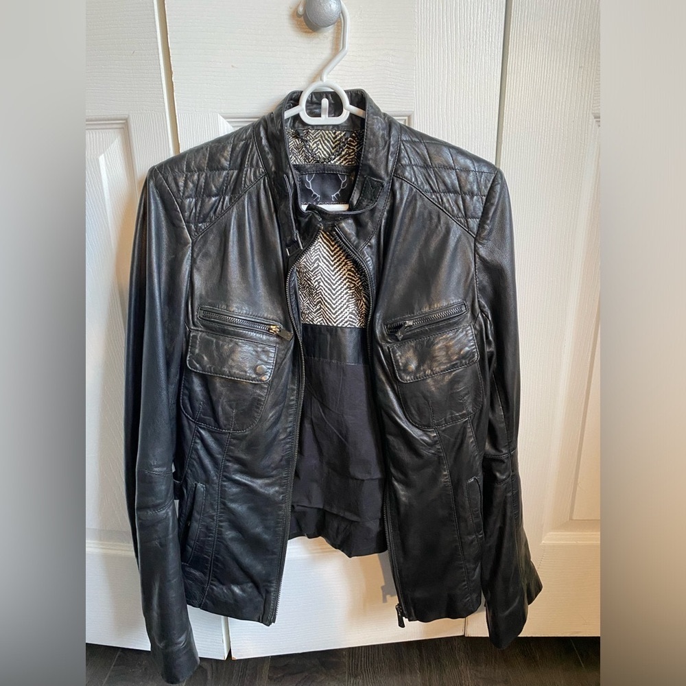 100% black woman’s leather jacket medium designer bod and Christensen